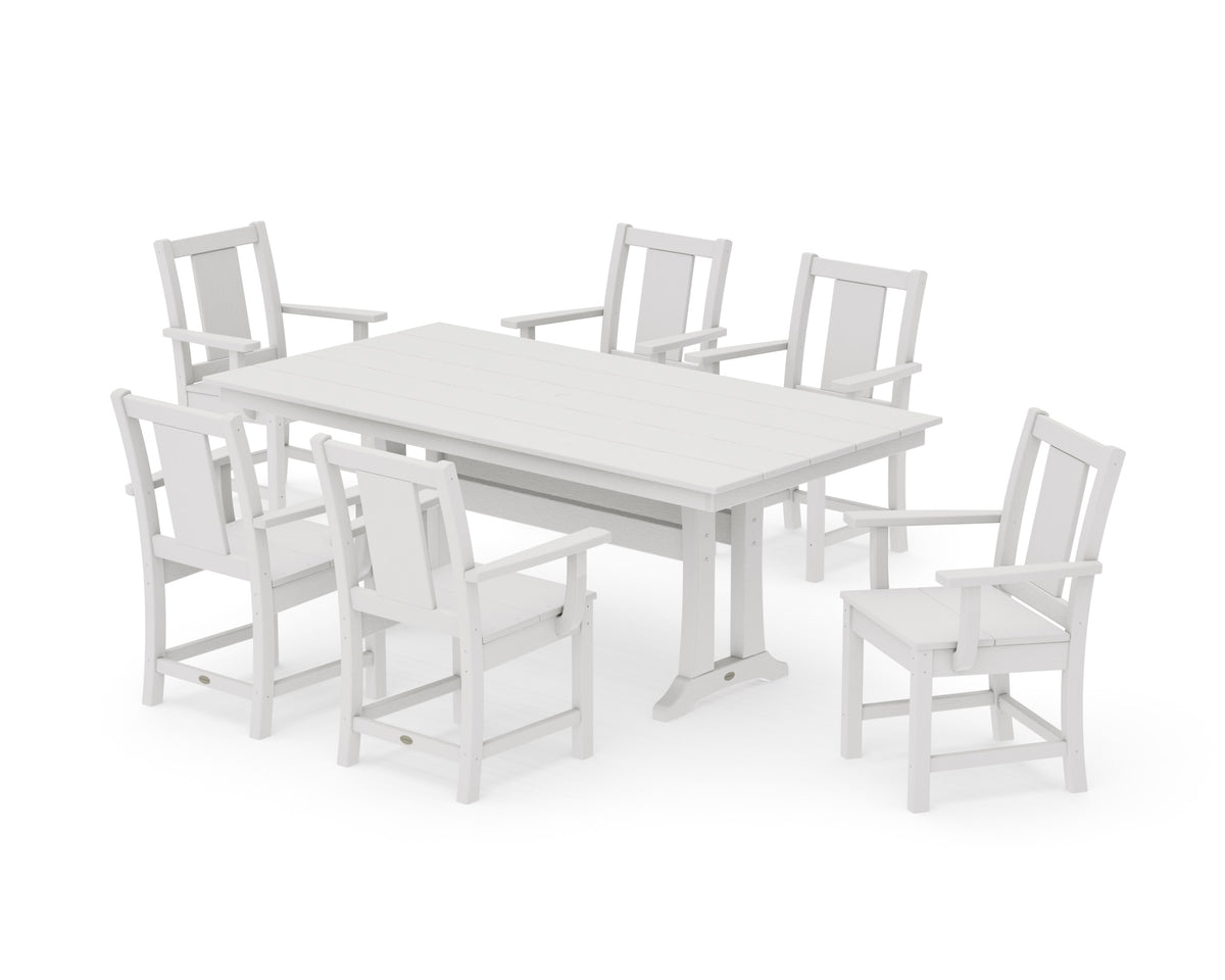 POLYWOOD Prairie Arm Chair 7-Piece Farmhouse Dining Set with Trestle Legs in Vintage White