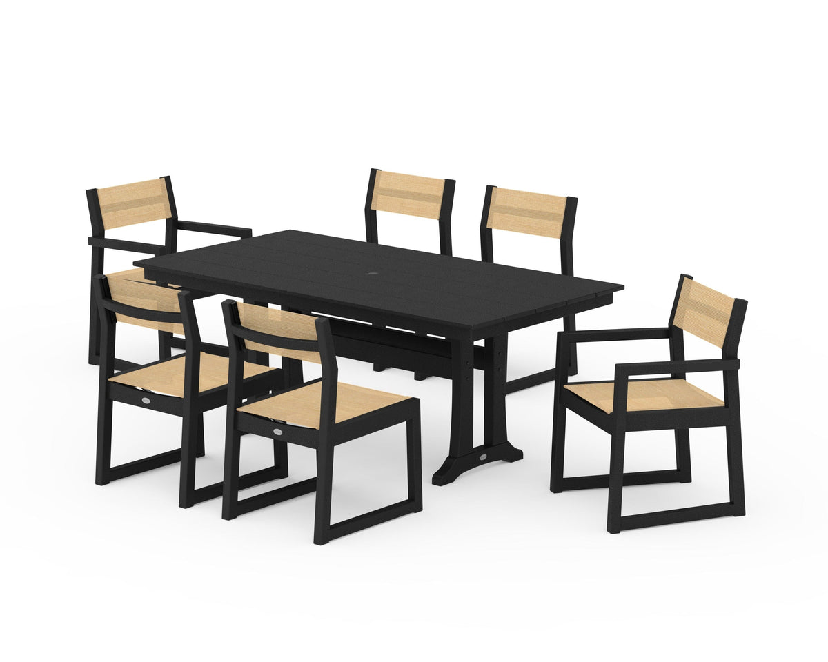 POLYWOOD EDGE Sling 7-Piece Farmhouse Trestle Dining Set in Black / Dupioni Apricot