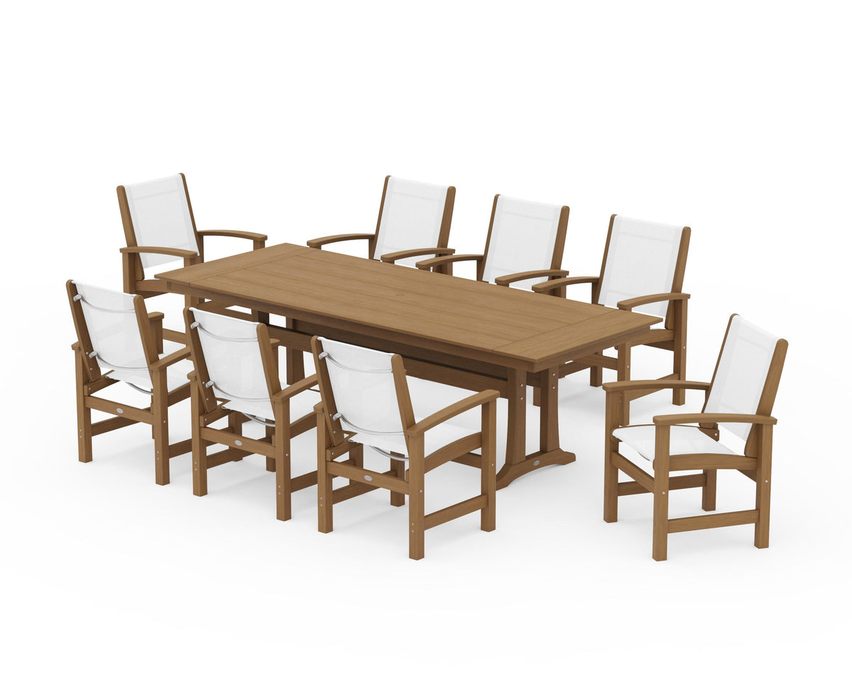 POLYWOOD Coastal 9-Piece Farmhouse Dining Set with Trestle Legs in Natural / White