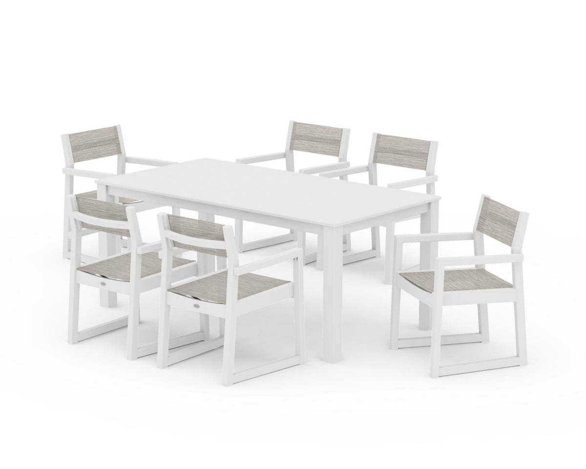 POLYWOOD EDGE Sling Arm Chair 7-Piece Parsons Dining Set in White / Birch