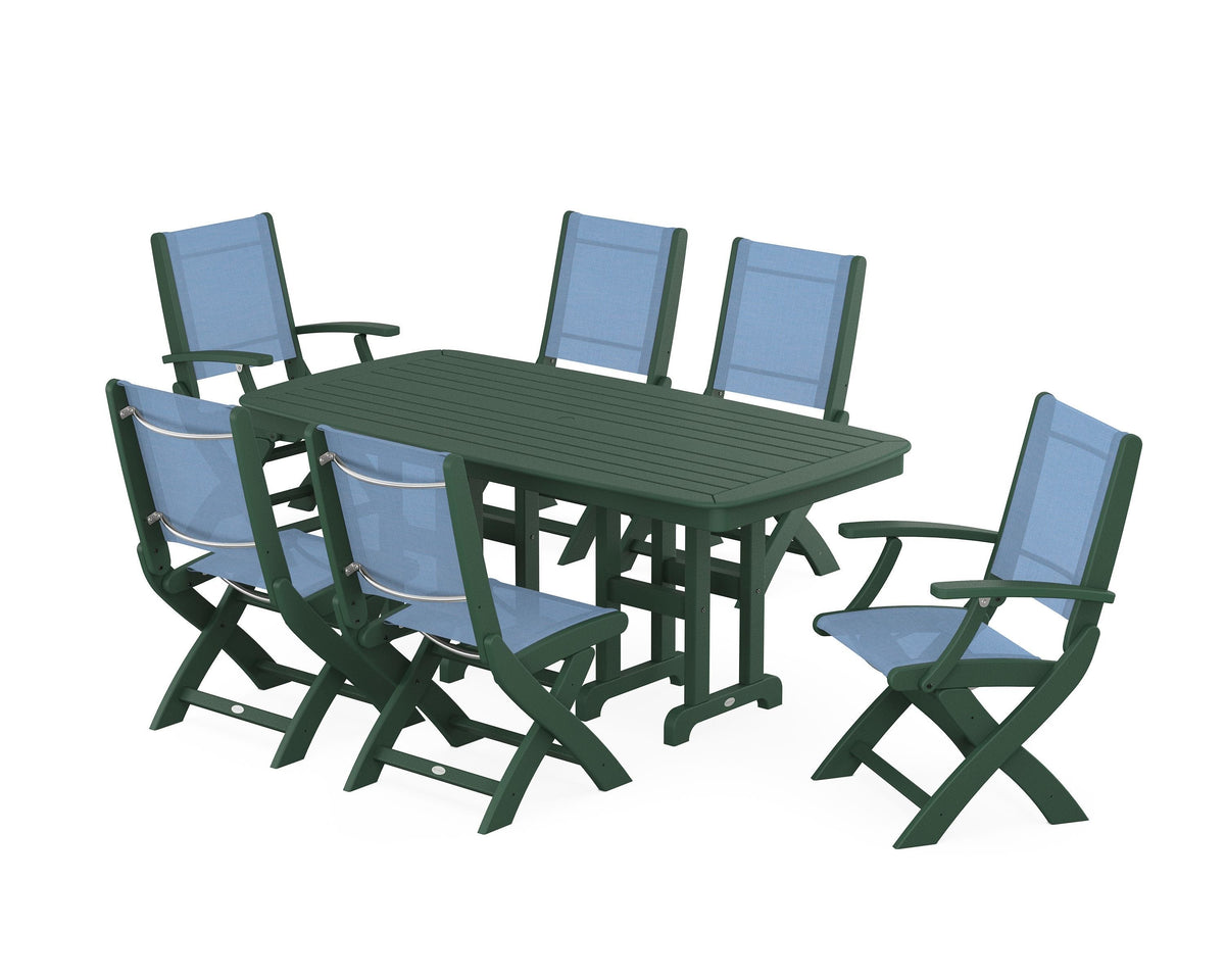 POLYWOOD Coastal Folding Chair 7-Piece Dining Set in Green / Poolside