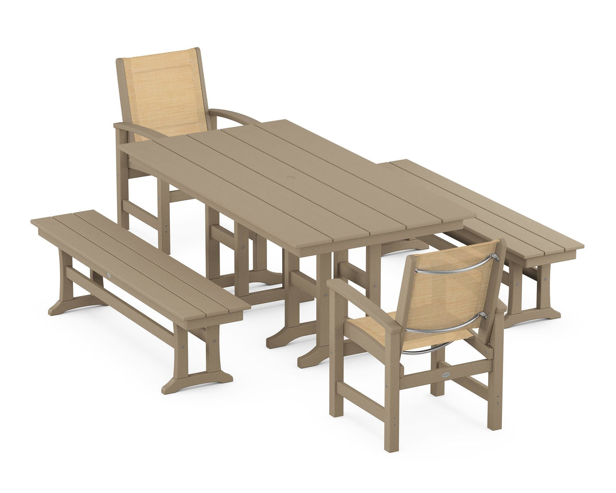 POLYWOOD Coastal 5-Piece Farmhouse Dining Set with Farmhouse 37" x 72" Dining Table in Vintage Sahara / Dupioni Apricot