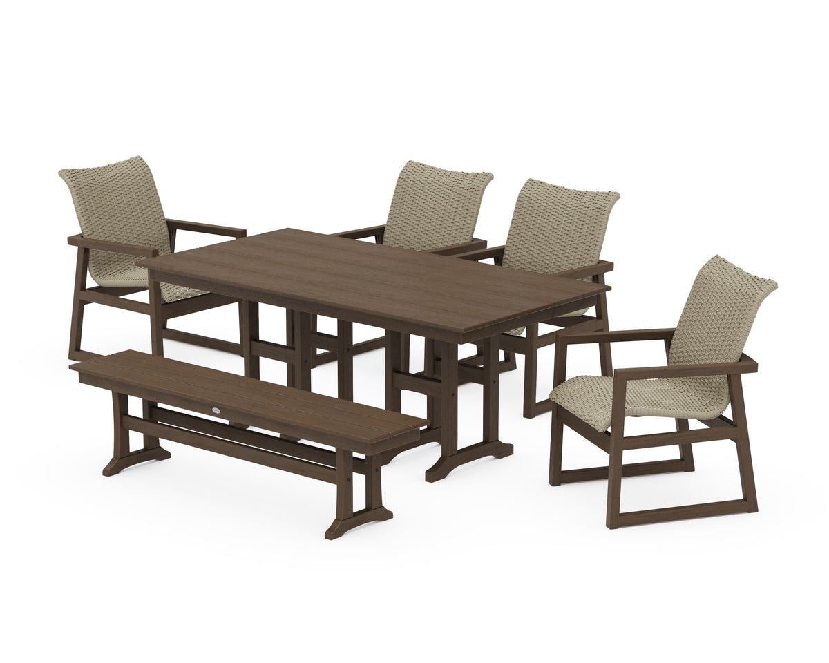 POLYWOOD EDGE Woven 6-Piece Farmhouse Dining Set with Bench in Kona / Dune Grass