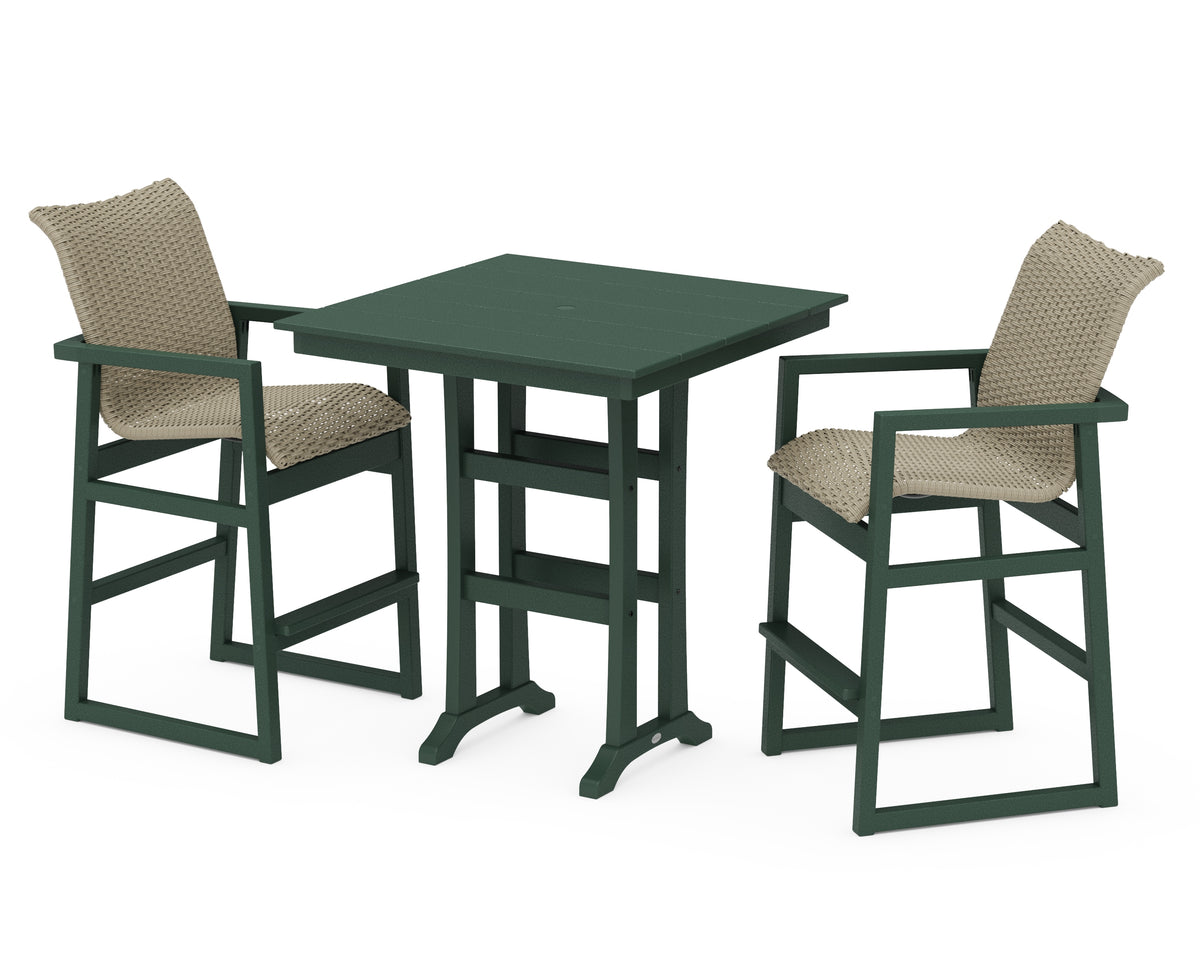 POLYWOOD EDGE Woven 3-Piece Farmhouse Bar Set with Trestle Legs in Green / Dune Grass