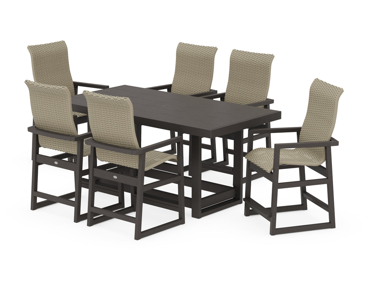 POLYWOOD EDGE Woven Highback Arm Chair 7-Piece Counter Set in Vintage Coffee / Dune Grass