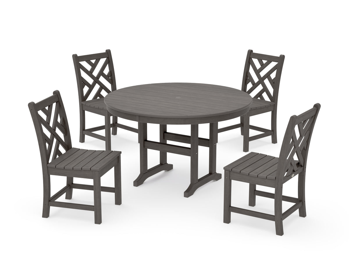 POLYWOOD Chippendale 5-Piece Round Farmhouse Side Chair Dining Set in Driftwood