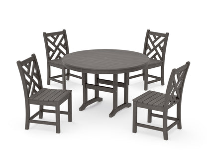 POLYWOOD Chippendale 5-Piece Round Farmhouse Side Chair Dining Set in Driftwood