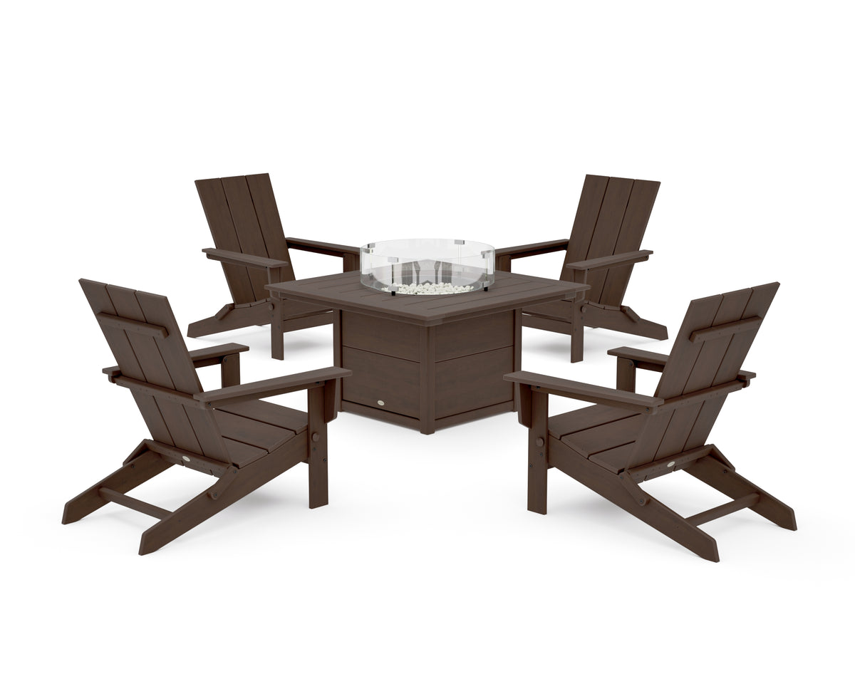 POLYWOOD 5-Piece Modern Studio Folding Adirondack Conversation Set with Fire Pit Table in Kona