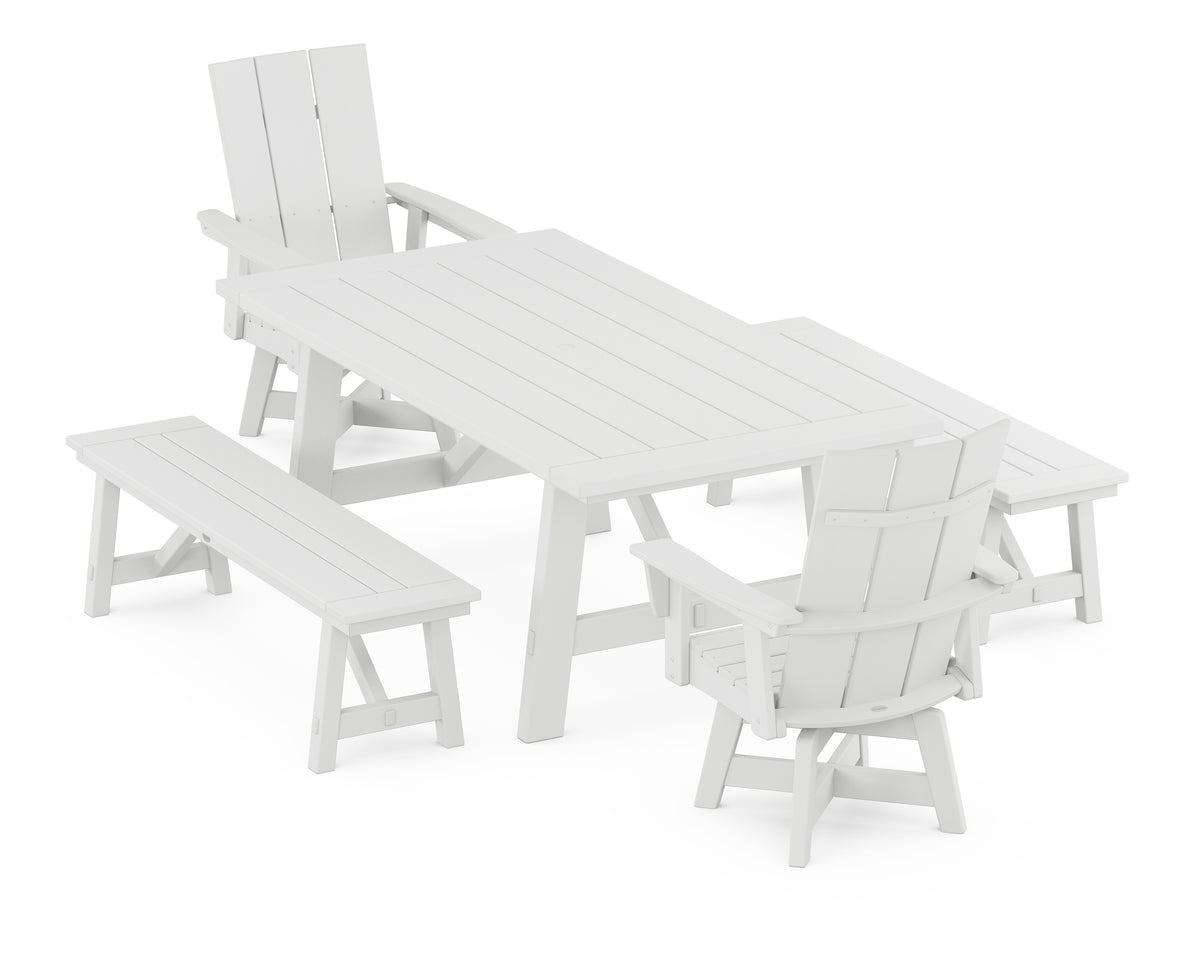 POLYWOOD Modern Curveback Adirondack Swivel Chair 5-Piece Rustic Farmhouse Dining Set with Benches in White