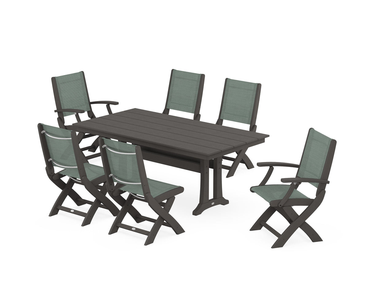 POLYWOOD Coastal Folding Chair 7-Piece Farmhouse Dining Set with Trestle Legs in Vintage Coffee / Dupioni Sea Mist