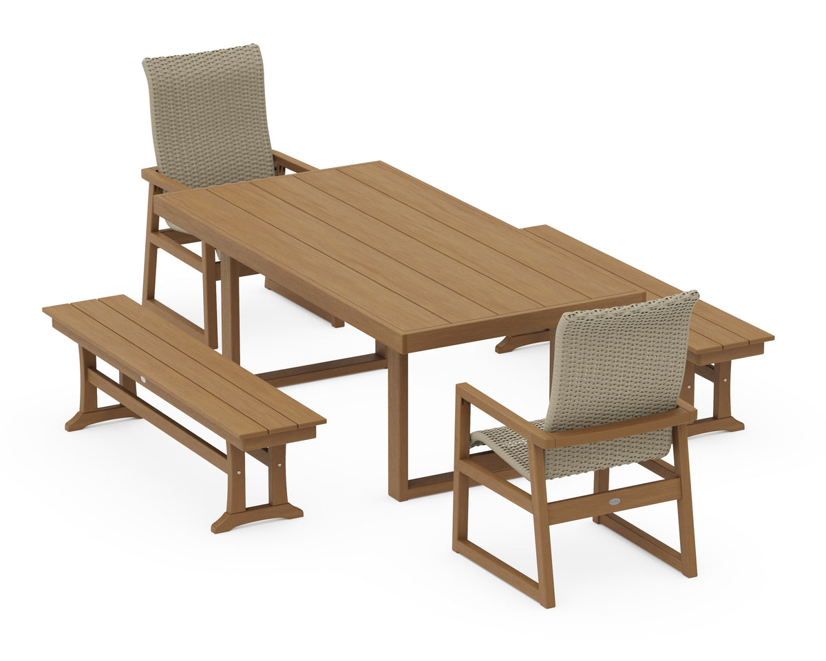 POLYWOOD EDGE Woven High-Back 5-Piece Dining Set with Benches in Natural / Dune Grass