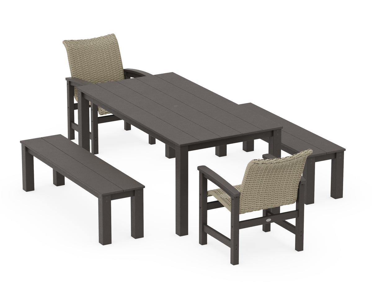 POLYWOOD Coastal Woven 5-Piece Parsons Dining Set with Benches in Vintage Coffee / Dune Grass