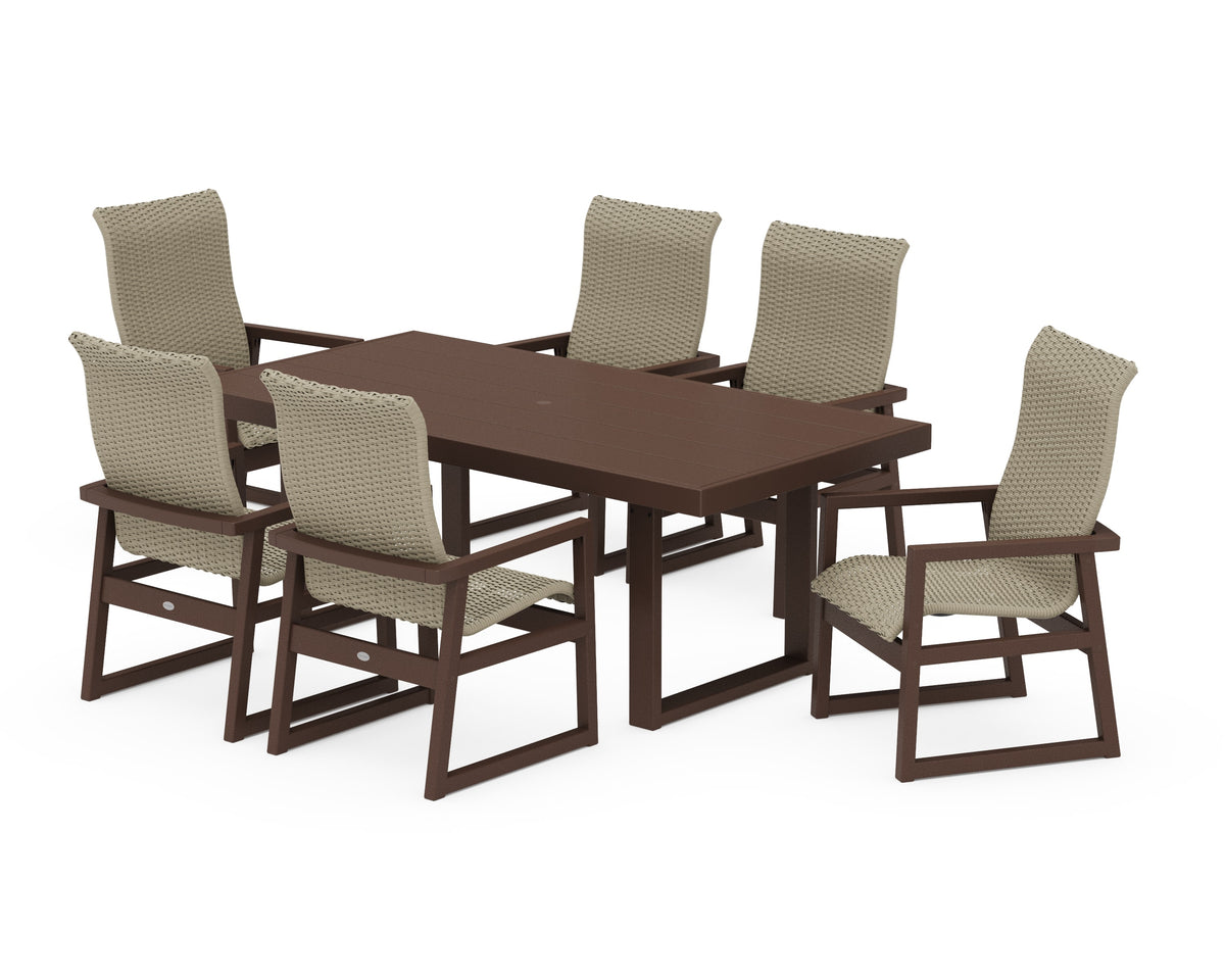 POLYWOOD EDGE Woven High-Back Arm Chair 7-Piece Dining Set in Mahogany / Dune Grass