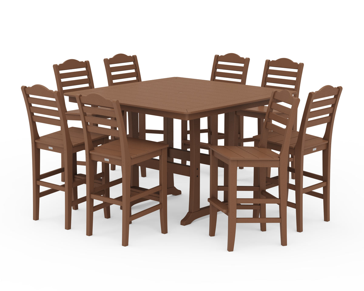 POLYWOOD Savannah Side Chair 9-Piece Square Bar Set with Trestle Legs in Teak