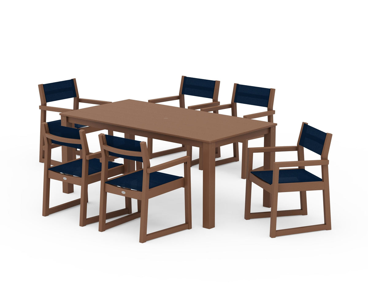 POLYWOOD EDGE Sling Arm Chair 7-Piece Parsons Dining Set in Teak / Navy Blue