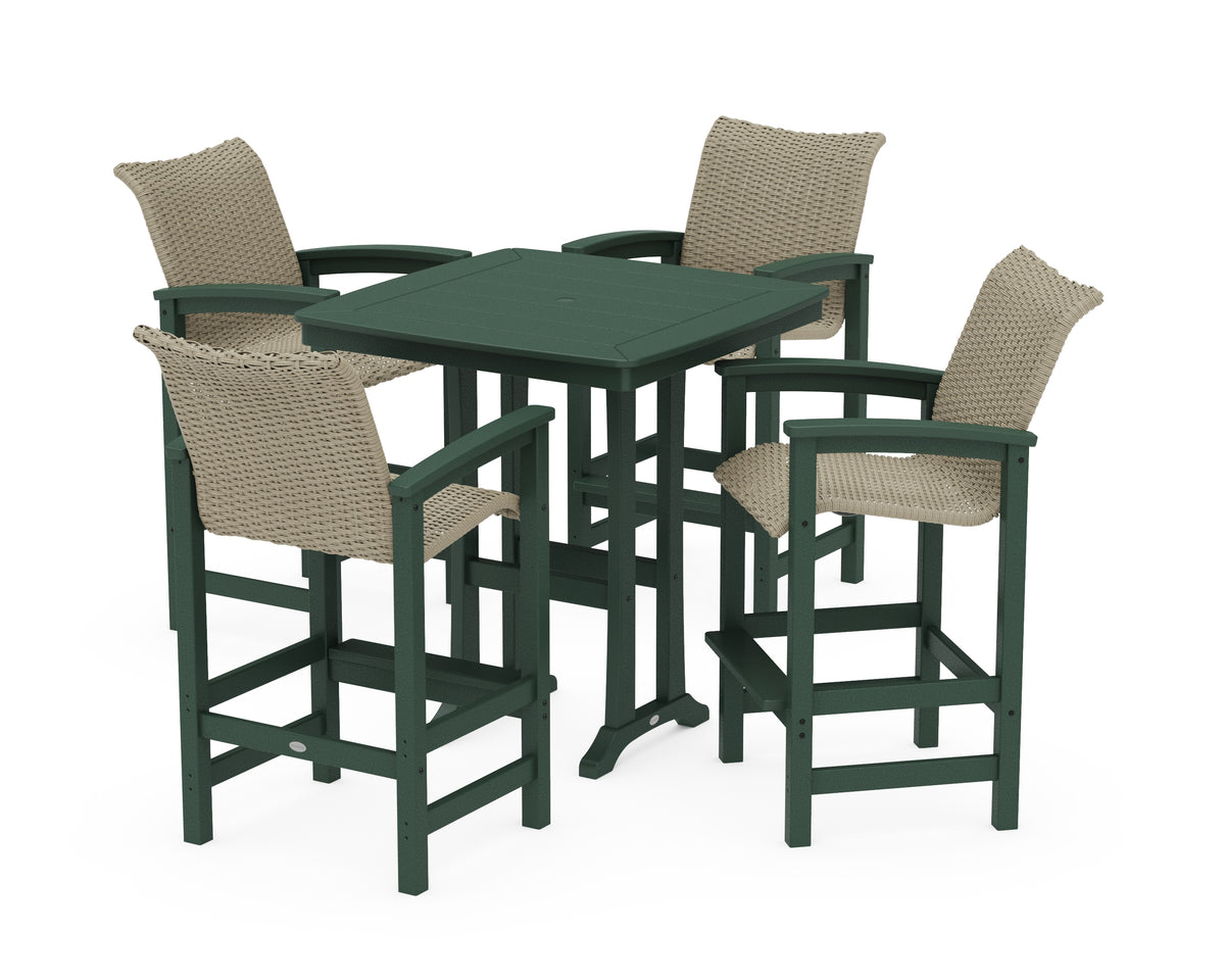 POLYWOOD Coastal Woven 5-Piece Bar Set with Trestle Legs in Green / Dune Grass