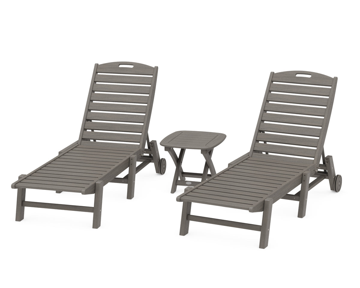 POLYWOOD Nautical 3-Piece Wheeled Chaise Set with Nautical Side Table in Driftwood