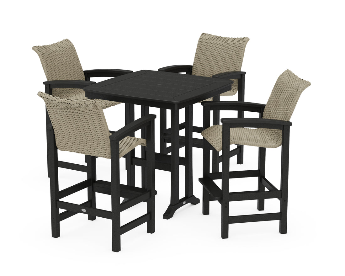 POLYWOOD Coastal Woven 5-Piece Bar Set with Trestle Legs in Black / Dune Grass