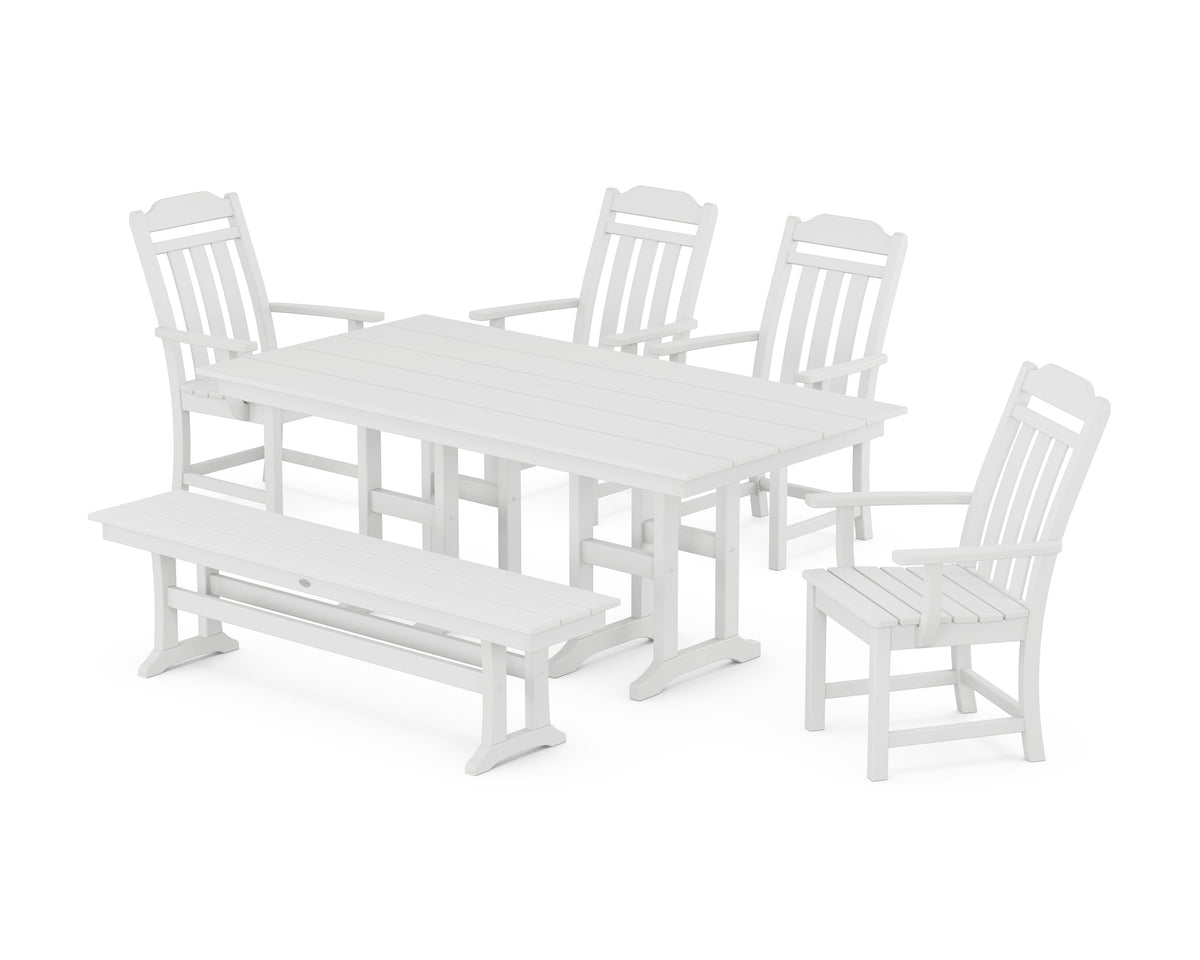 POLYWOOD Cottage 6-Piece Farmhouse Dining Set with Bench in White