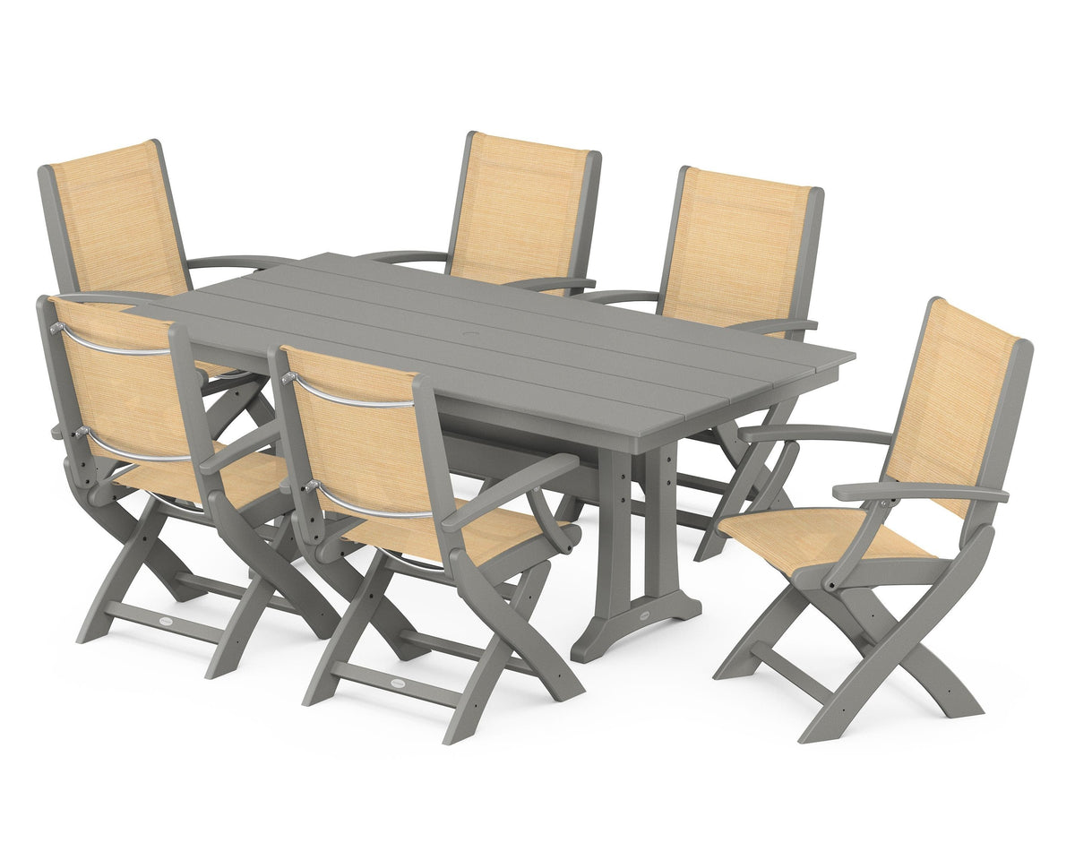 POLYWOOD Coastal Folding Arm Chair 7-Piece Farmhouse Dining Set with Trestle Legs in Slate Grey / Dupioni Apricot