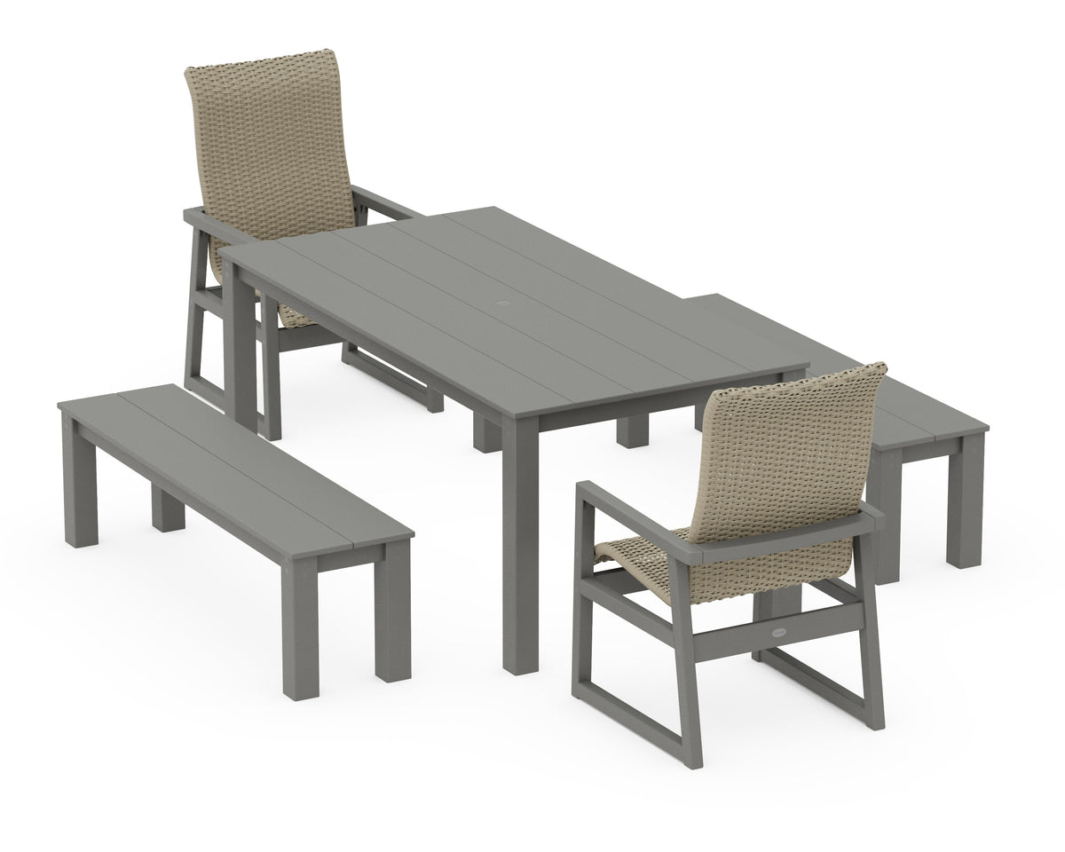 POLYWOOD EDGE Woven High-Back 5-Piece Parsons Dining Set with Benches in Slate Grey / Dune Grass