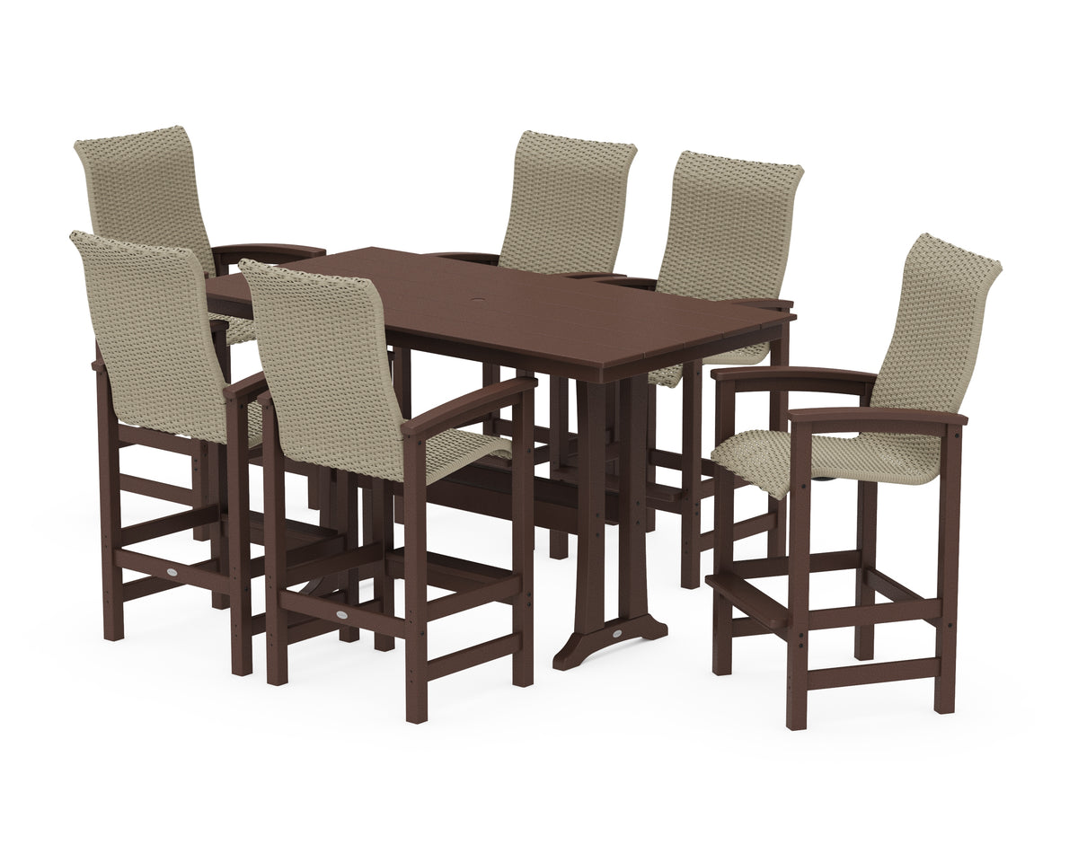 POLYWOOD Coastal Woven High-Back Arm Chair 7-Piece Farmhouse Bar Set with Trestle Legs in Mahogany / Dune Grass