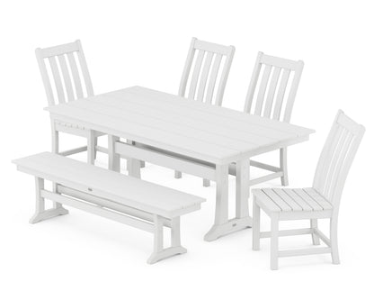 POLYWOOD Vineyard Side Chair 6-Piece Farmhouse Dining Set with Trestle Legs and Bench in White