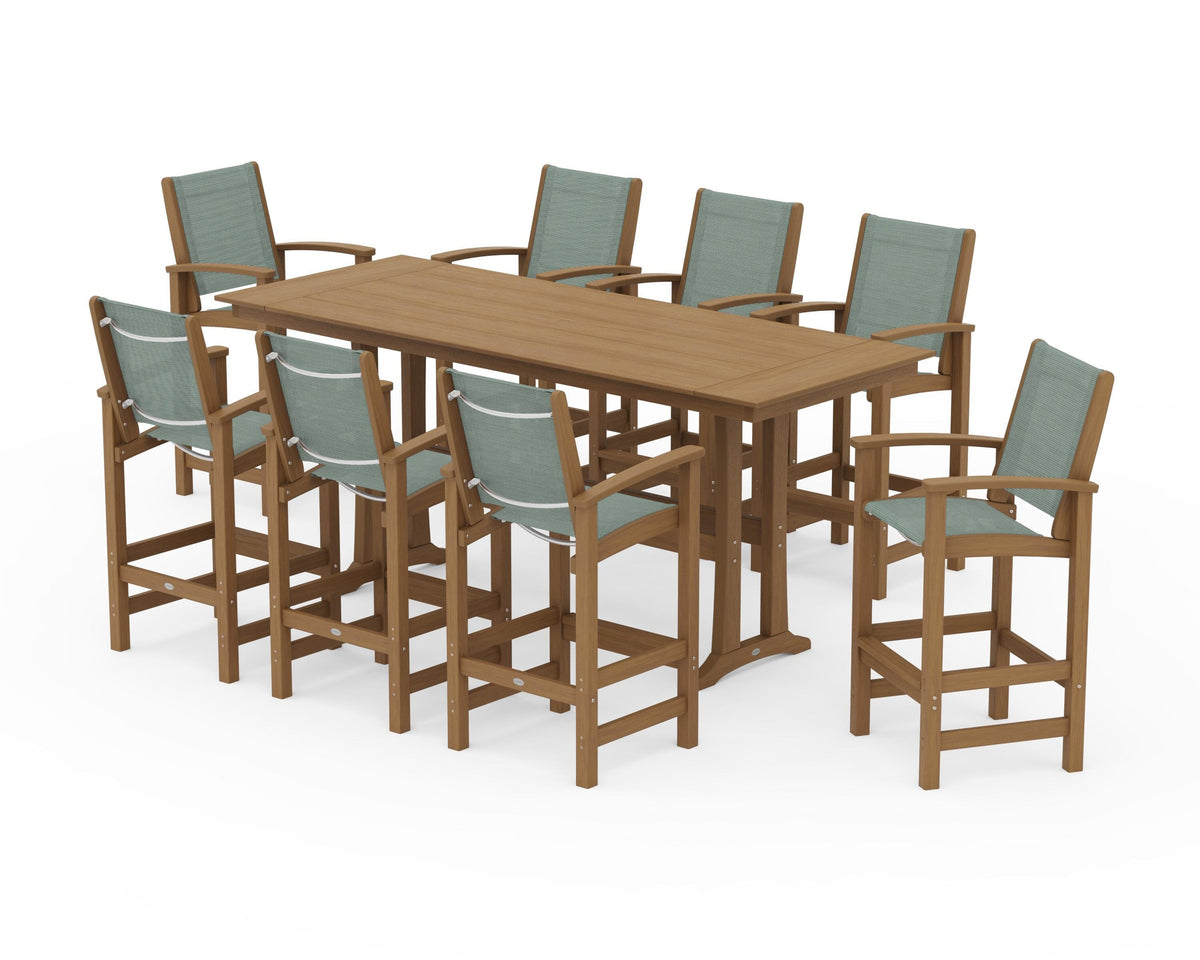 POLYWOOD Coastal 9-Piece Farmhouse Bar Set with Trestle Legs in Natural / Dupioni Sea Mist