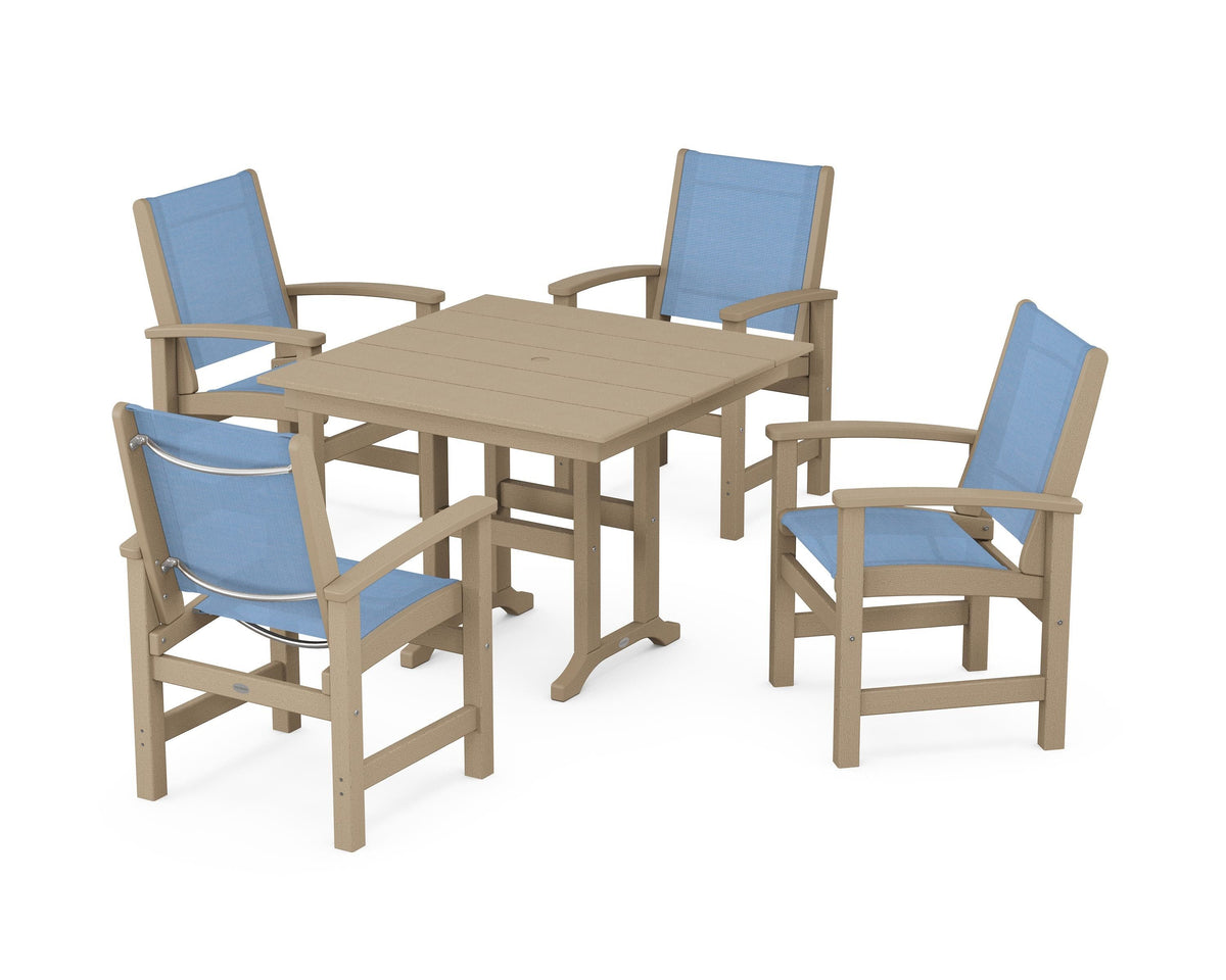 POLYWOOD Coastal 5-Piece Farmhouse Dining Set with Farmhouse 37" Dining Table in Vintage Sahara / Poolside
