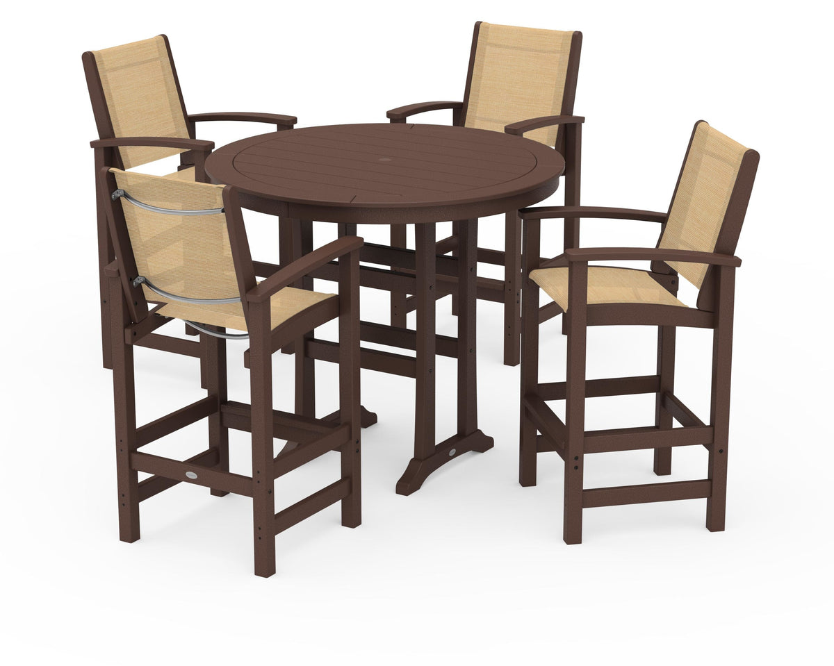 POLYWOOD Coastal 5-Piece Nautical Trestle Bar Set in Mahogany / Dupioni Apricot
