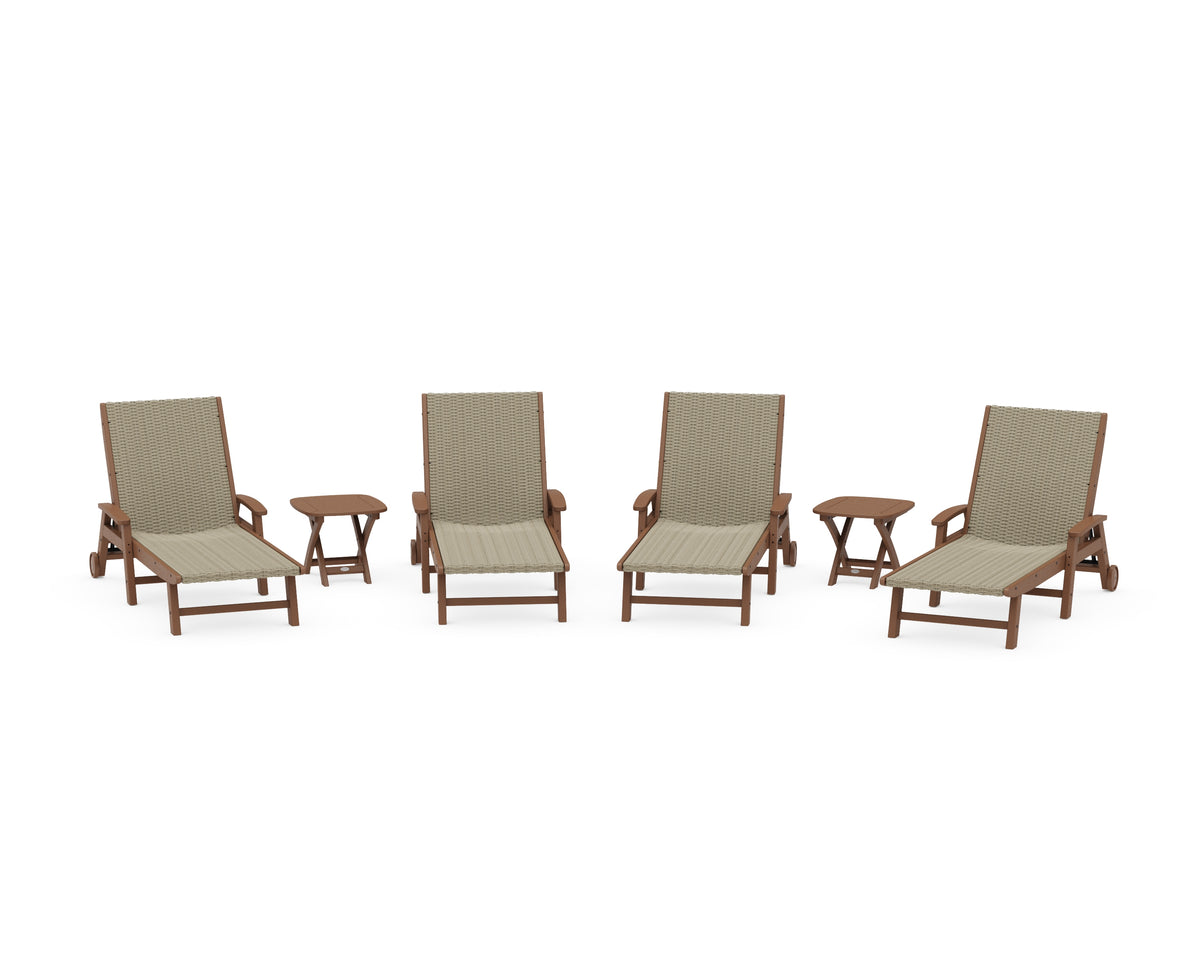 POLYWOOD 6-Piece Coastal Woven Chaise with Arms and Wheels Lounge Set in Teak / Dune Grass