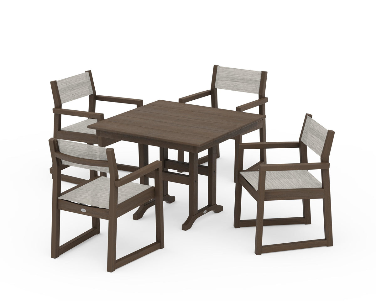 POLYWOOD EDGE Sling Arm Chair 5-Piece Farmhouse Dining Set in Kona / Birch