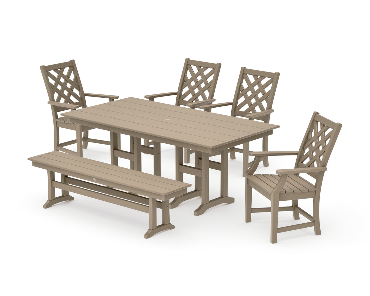 POLYWOOD Country Living Wovendale 6-Piece Farmhouse Dining Set with Bench with Farmhouse 37" x 72" Dining Table in Vintage Sahara