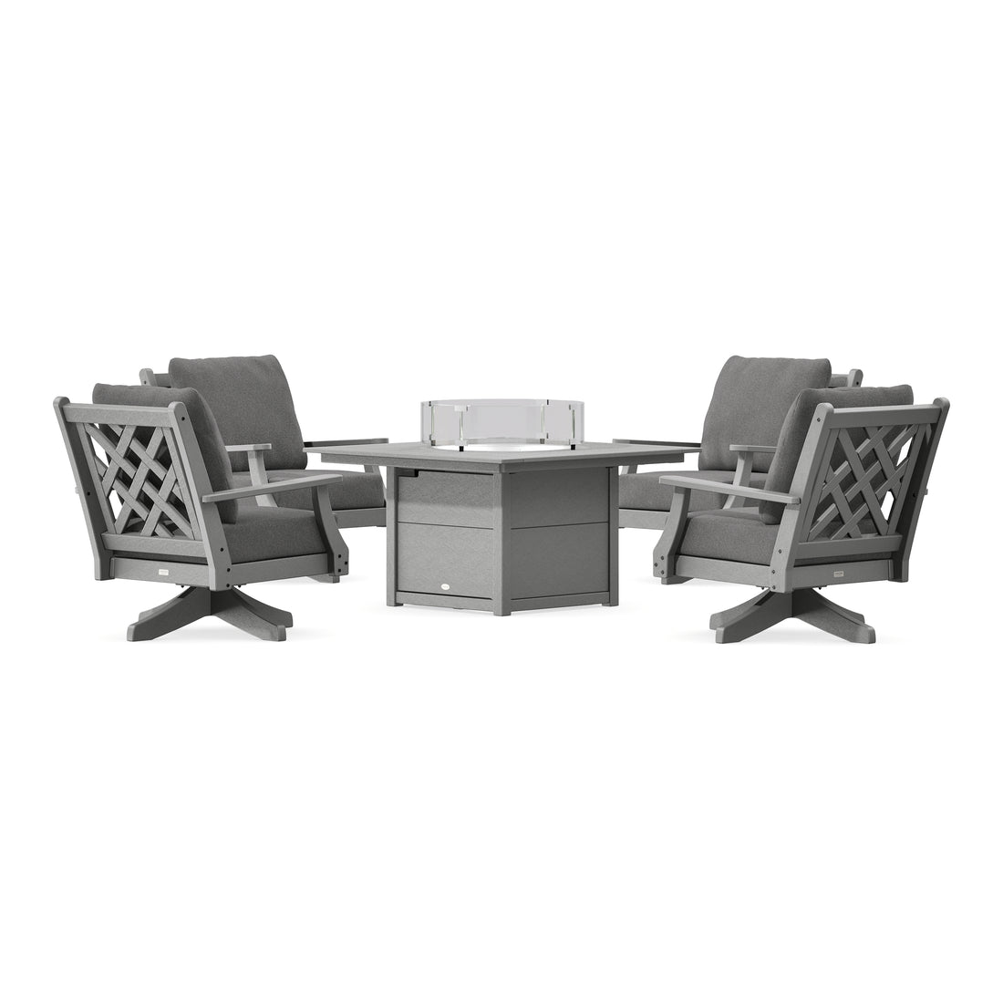 POLYWOOD Country Living Wovendale 5-Piece Deep Seating Swivel Conversation Set with Fire Pit Table in Slate Grey