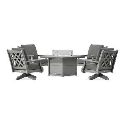 POLYWOOD Country Living Wovendale 5-Piece Deep Seating Swivel Conversation Set with Fire Pit Table in Slate Grey
