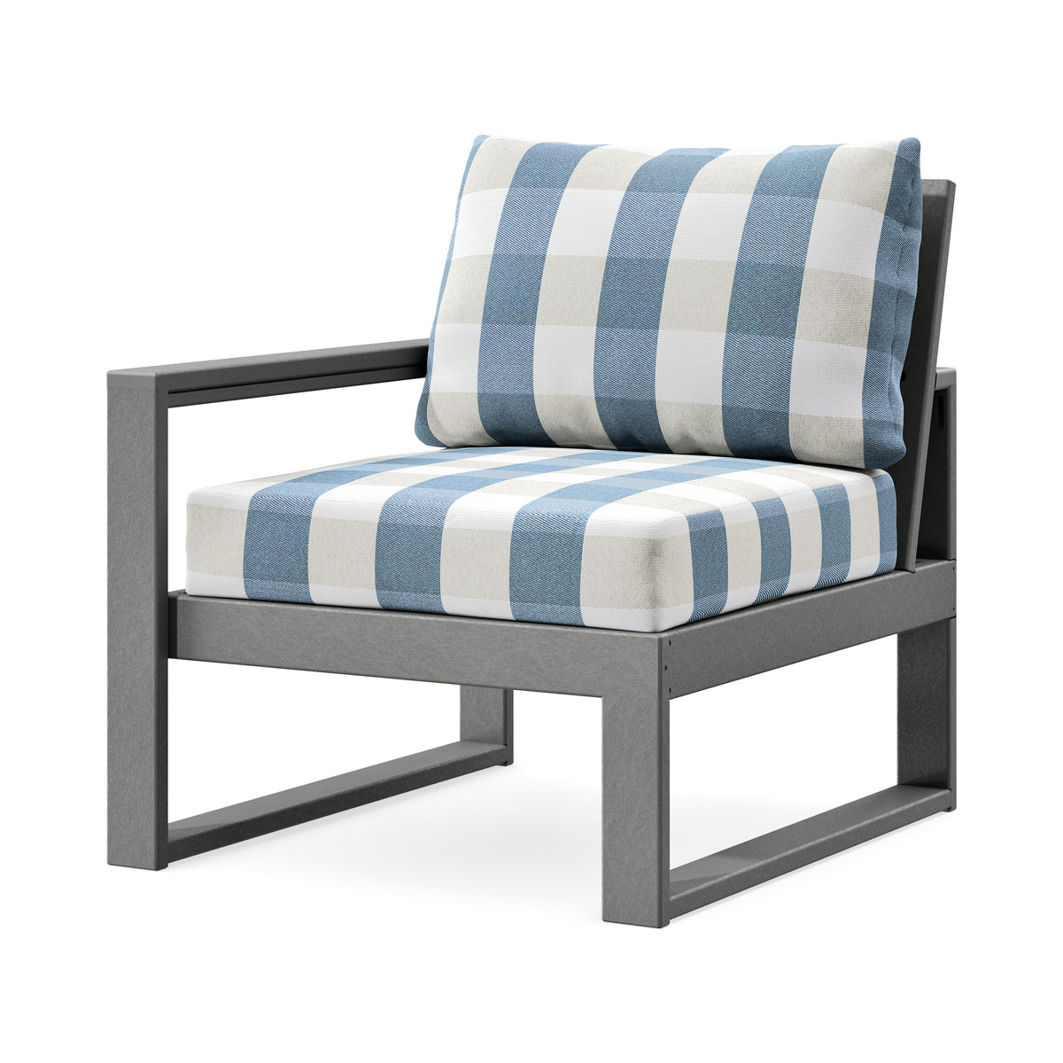 POLYWOOD EDGE Modular Left Arm Chair in Slate Grey / Buffalo Plaid Sky Blue