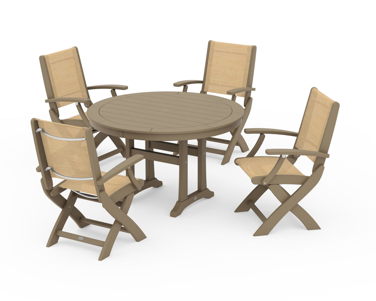 POLYWOOD Coastal Folding Chair 5-Piece Round Dining Set with Trestle Legs in Vintage Sahara / Dupioni Apricot