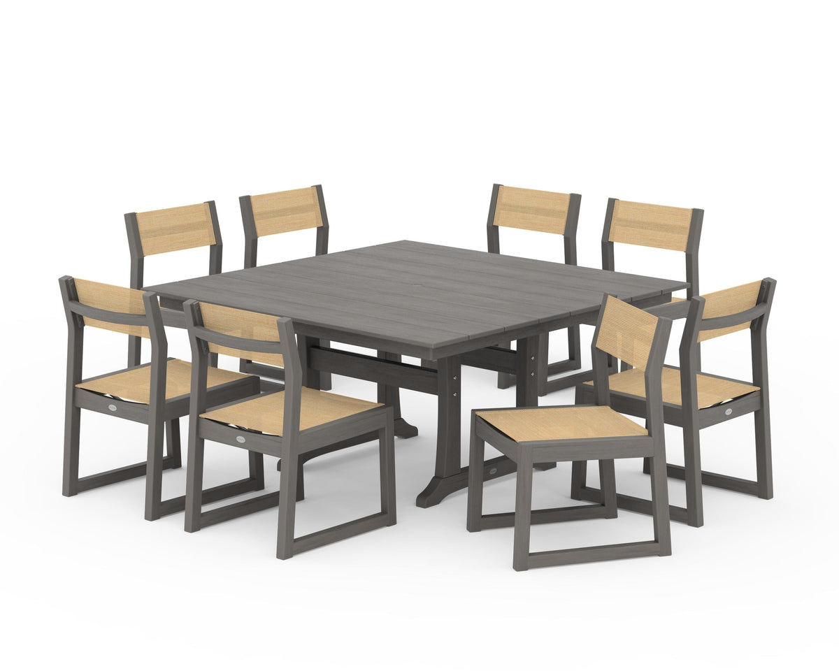 POLYWOOD EDGE Sling Side Chair 9-Piece Farmhouse Trestle Dining Set in Driftwood / Dupioni Apricot