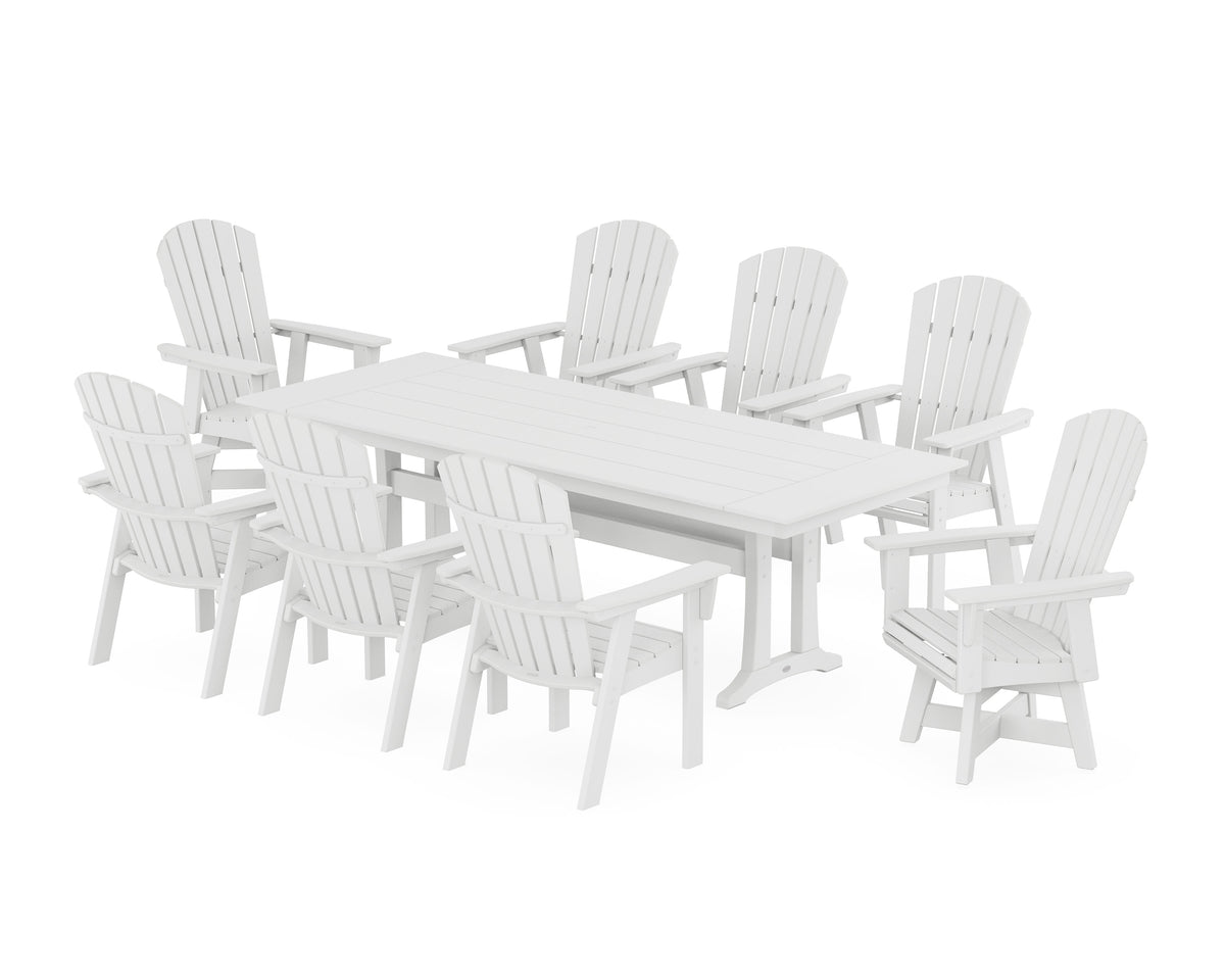 POLYWOOD Nautical Curveback Adirondack Swivel 9-Piece Farmhouse Dining Set with Trestle Legs in White