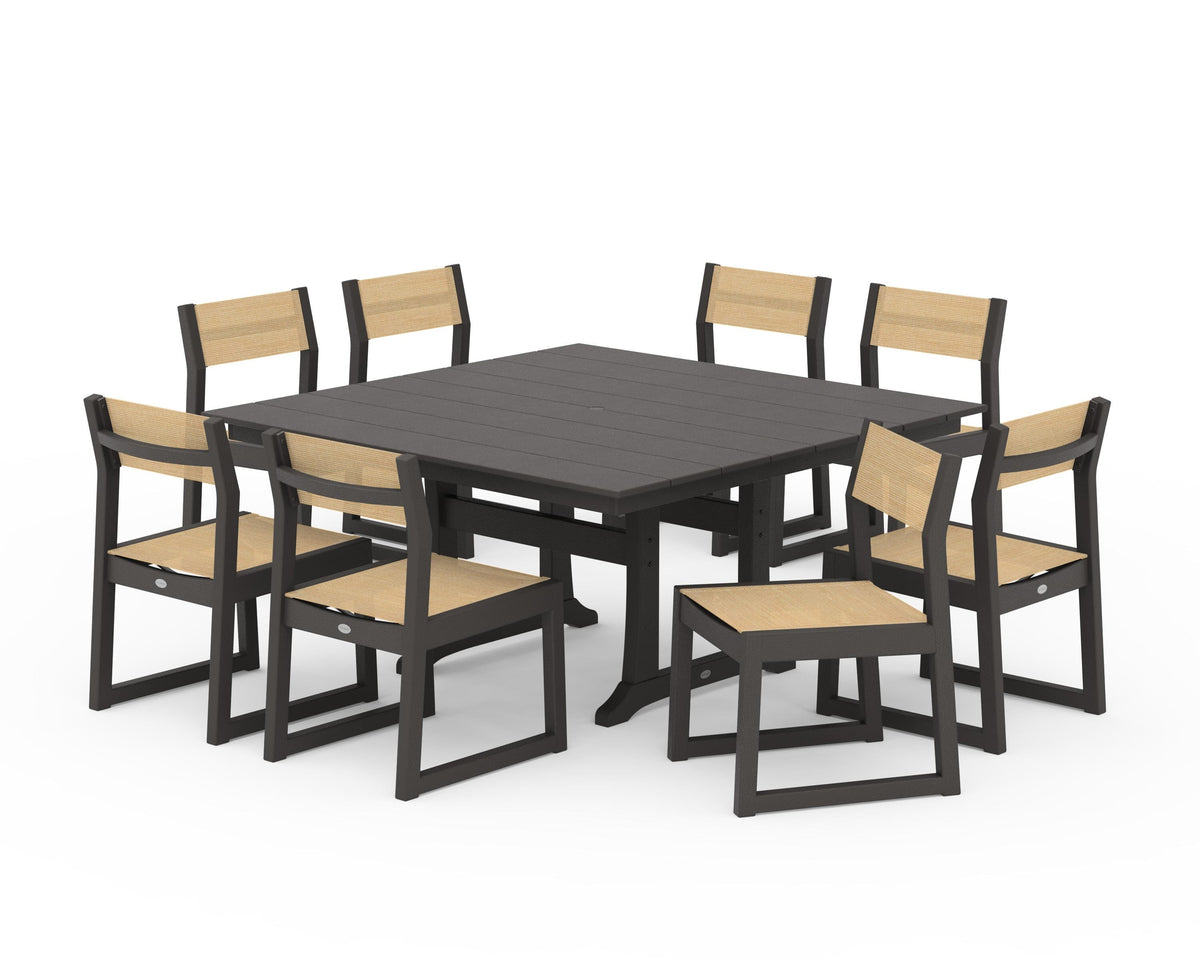 POLYWOOD EDGE Sling Side Chair 9-Piece Farmhouse Trestle Dining Set in Vintage Coffee / Dupioni Apricot