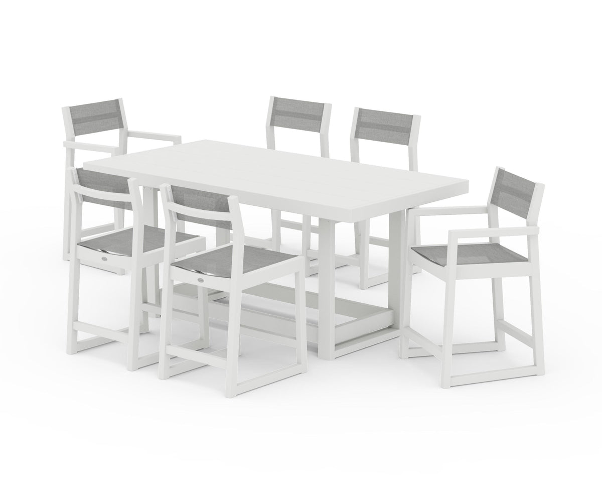 POLYWOOD EDGE Sling 7-Piece Counter Table Set in Vintage White / Metallic