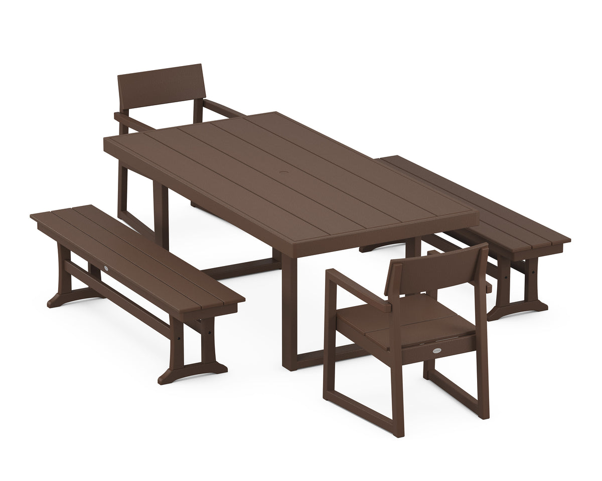 POLYWOOD EDGE 5-Piece Dining Set with Benches (EDGE 40" x 78" Table) in Mahogany