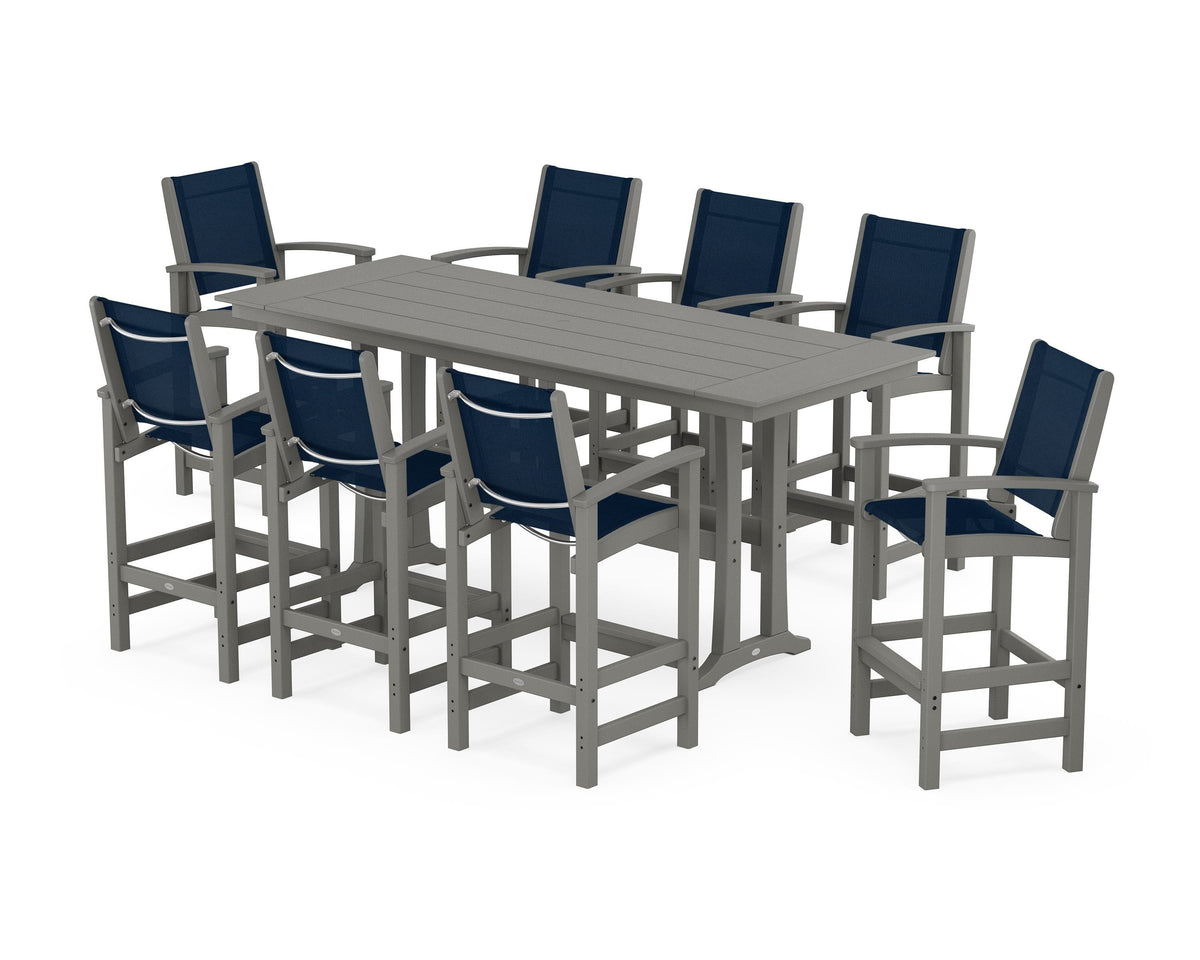 POLYWOOD Coastal 9-Piece Farmhouse Bar Set with Trestle Legs in Slate Grey / Navy Blue