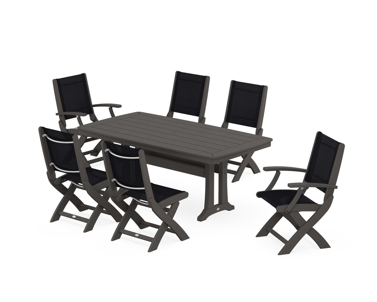 POLYWOOD Coastal Folding Chair 7-Piece Dining Set with Trestle Legs with Nautical Trestle 38" x 73" Dining Table in Vintage Coffee / Black