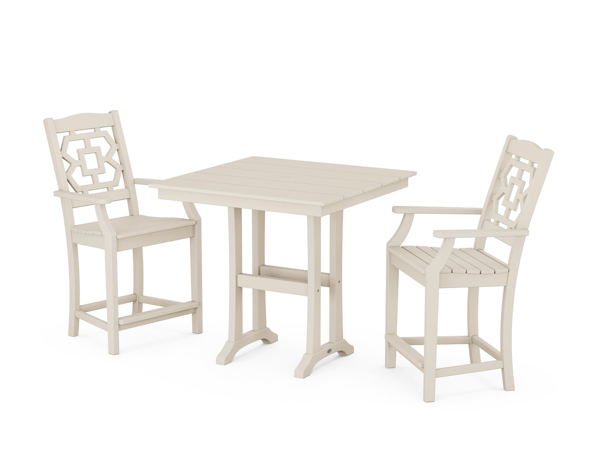 POLYWOOD Chinoiserie 3-Piece Farmhouse Counter Set with Trestle Legs in Sand