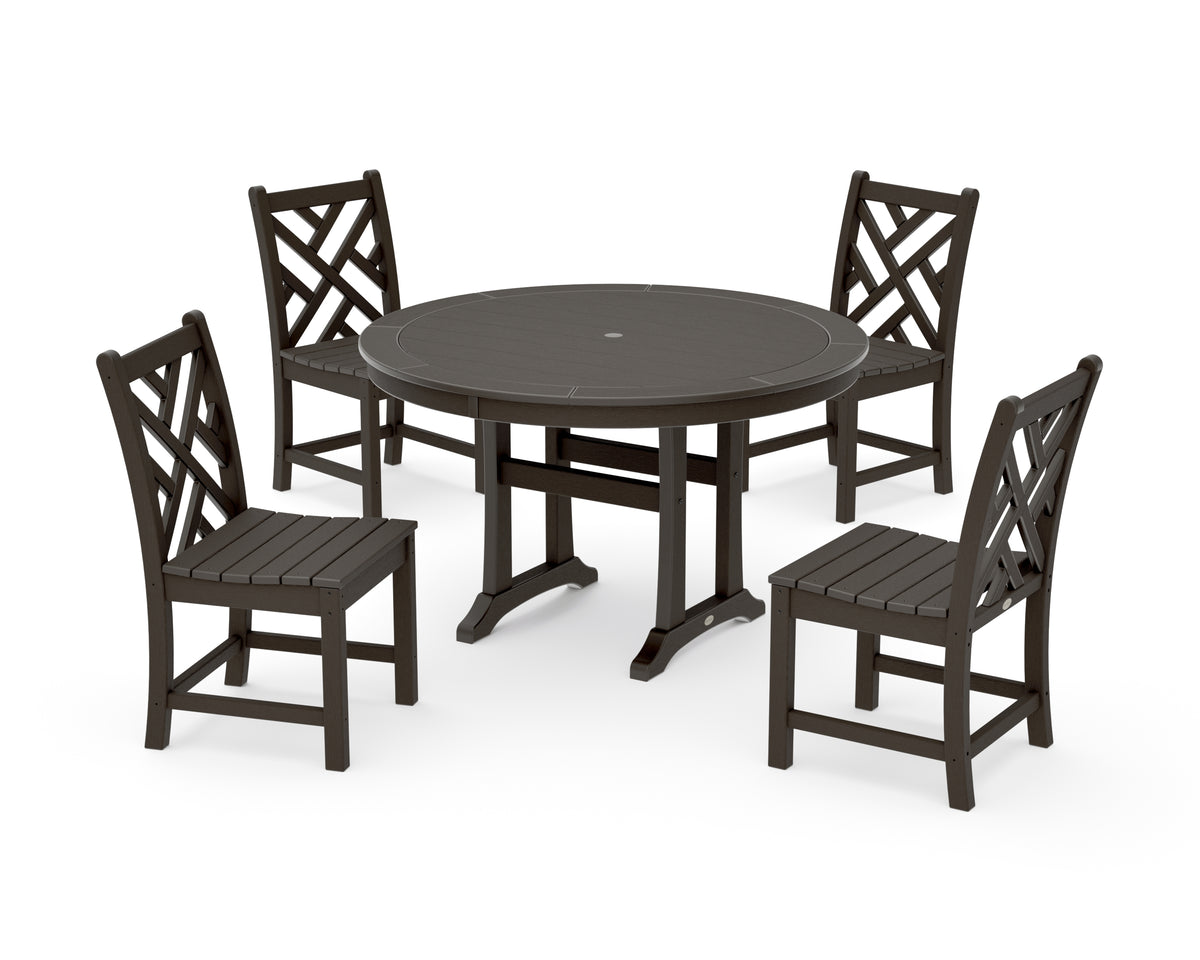 POLYWOOD Chippendale Side Chair 5-Piece Round Dining Set with Trestle Legs in Vintage Coffee
