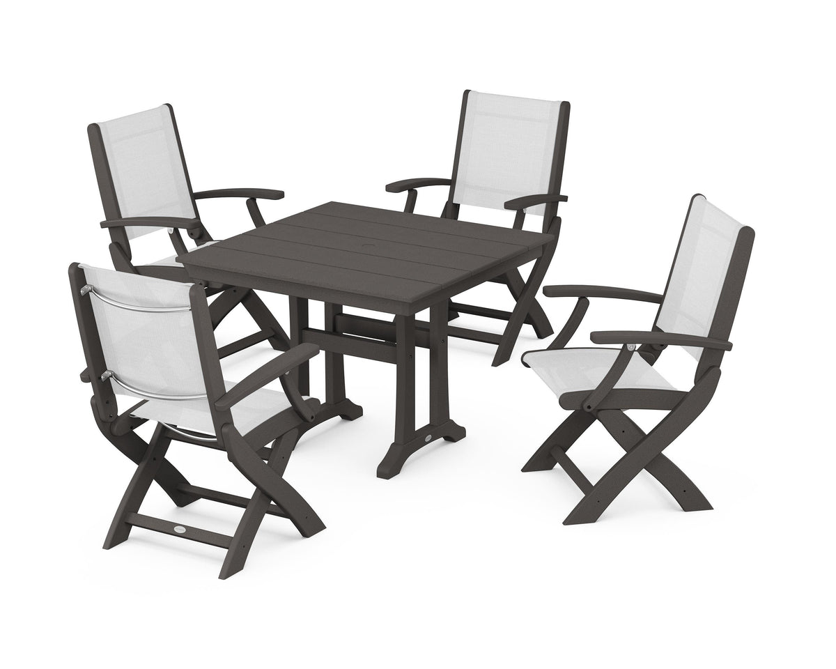 POLYWOOD Coastal Folding Chair 5-Piece Farmhouse Dining Set With Trestle Legs in Vintage Coffee / White