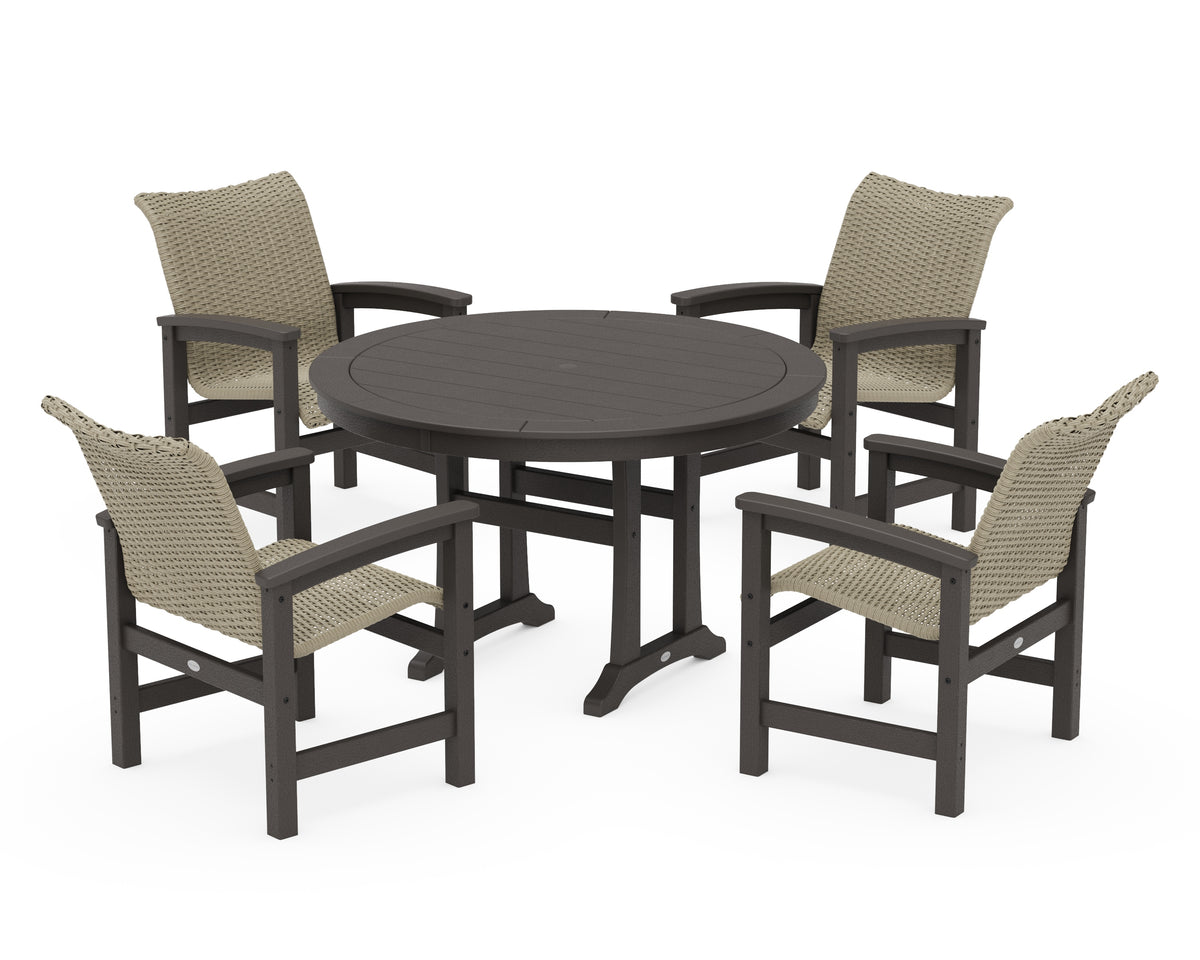 POLYWOOD Coastal Woven 5-Piece Round Dining Set with Trestle Legs in Vintage Coffee / Dune Grass