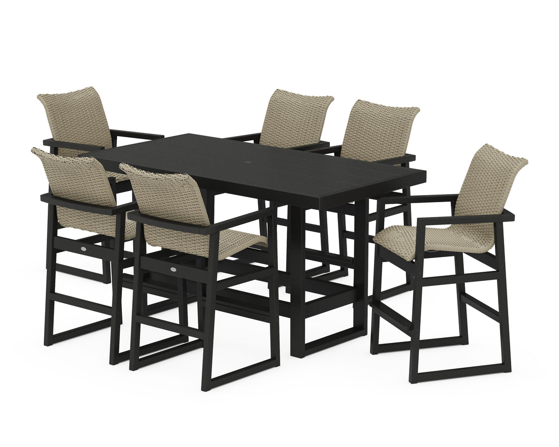 POLYWOOD EDGE Woven Arm Chair 7-Piece Bar Set in Black / Dune Grass