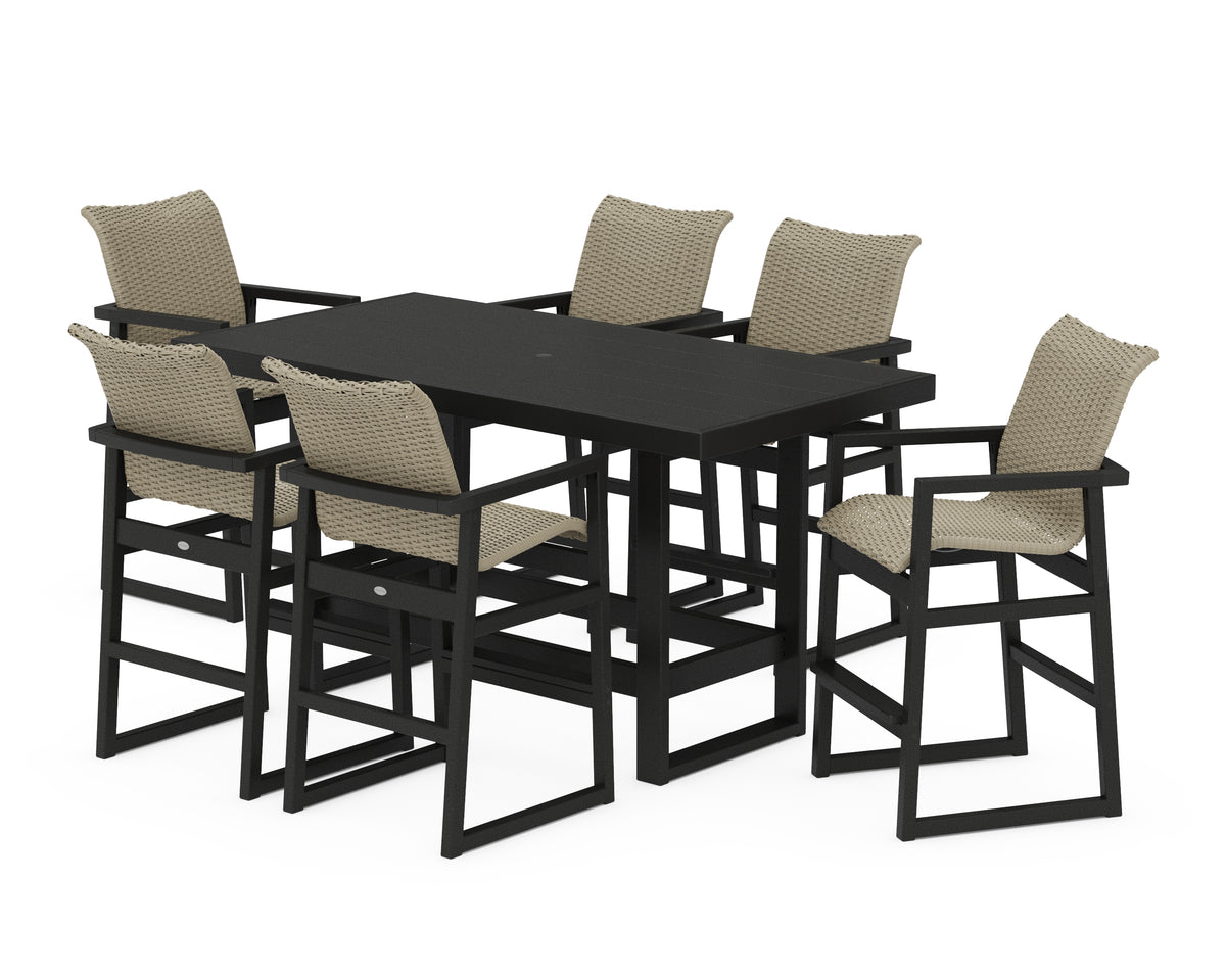 POLYWOOD EDGE Woven Arm Chair 7-Piece Bar Set in Black / Dune Grass